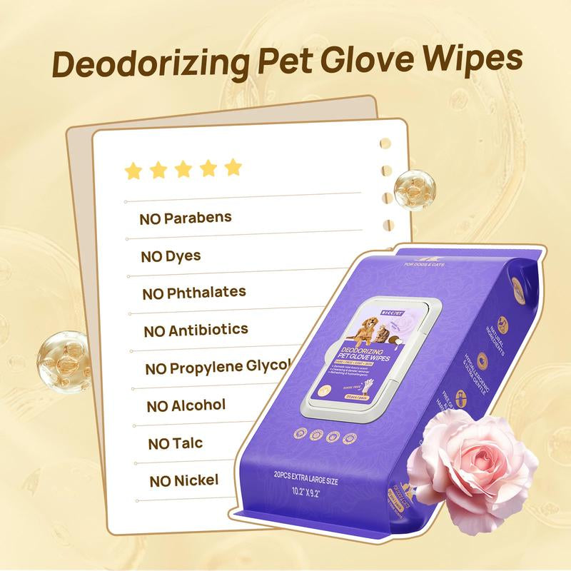 HICC PET Glove Wipes，Freshening Grooming Dog&Cat Disposable 20Pcs Pet Hair Removal Tool Satisfied Skin Care Outdoor No-Clean Hypoallergenic Facial Disposable No-Rinse Grooming Formulated for Petwipes Deodorizing Sticky Hair#Petlife